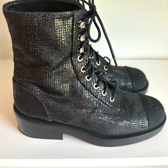 Fabric Grosgrain CC Combat Short Boots 38/8.5 Black - Picture 3 of 7